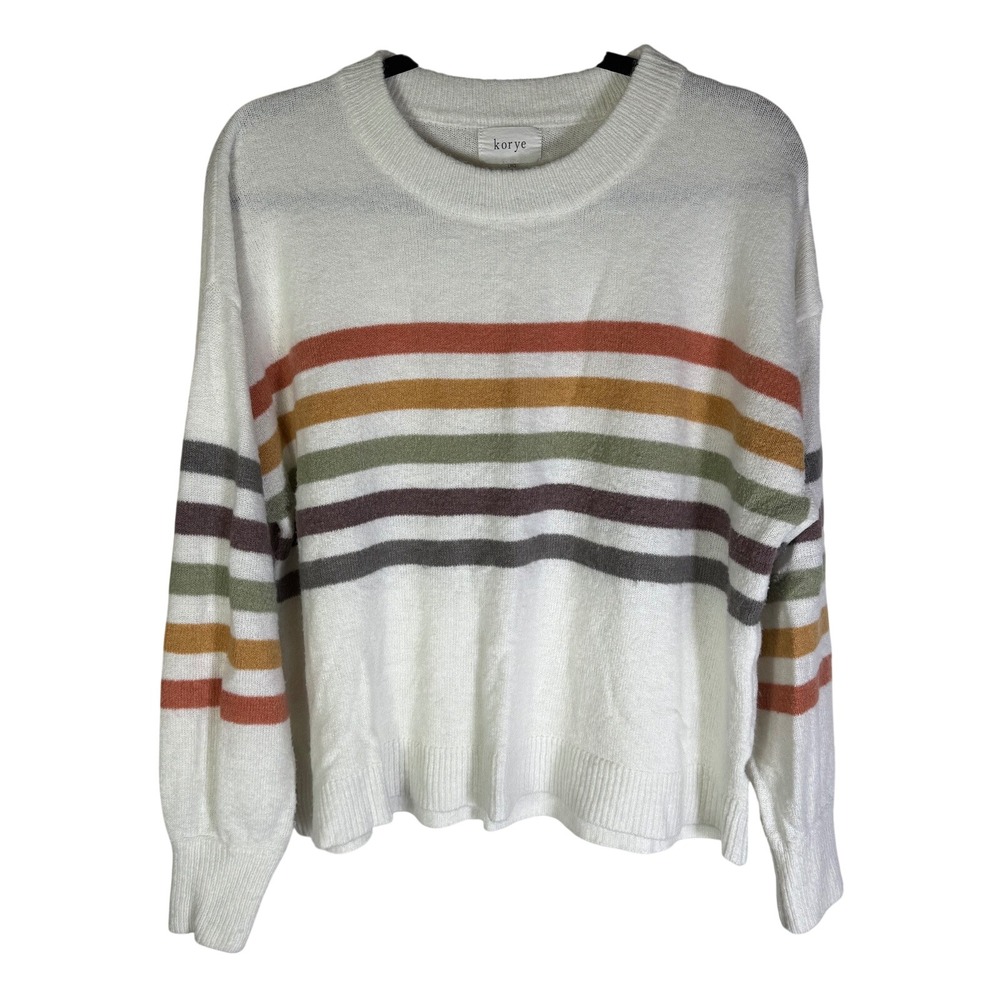 Womens Striped Crew Neck Knit Sweater White Multi Color Size Large Colorful